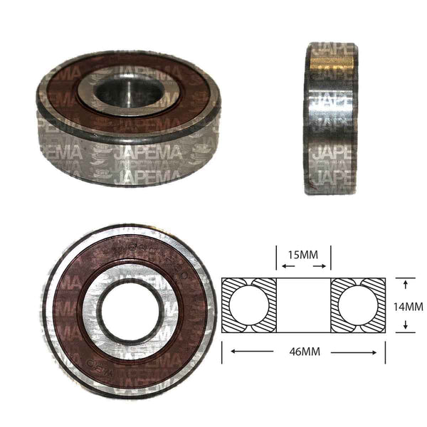 SKU15 BALERO BOLA D.I. 15MM, D.E. 46MM, H 14MM TAPA D.E. LADO DE LA POLEA MARCA JAPEMA ALTERNADOR NIPPONDENSO, TOYOTA