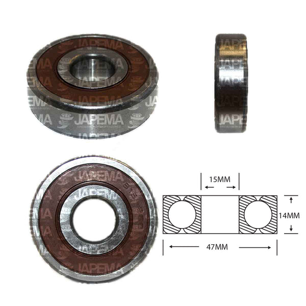 SKU16 BALERO BOLA D.I. 15MM, D.E. 47MM, H 14MM TAPA D.E. LADO DE LA POLEA MARCA JAPEMA ALTERNADOR MITSUBISHI