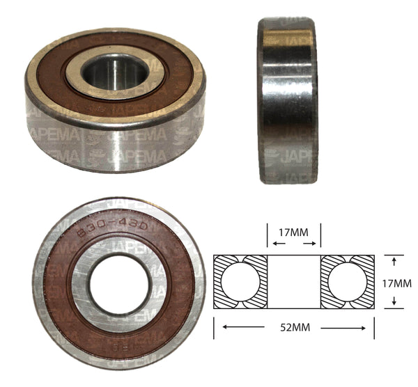 SKU20 BALERO BOLA D.I. 17MM, D.E. 52MM, H 17MM TAPA D.E. LADO DE LA POLEA MARCA JAPEMA ALTERNADOR BOSCH, MITSUBISHI