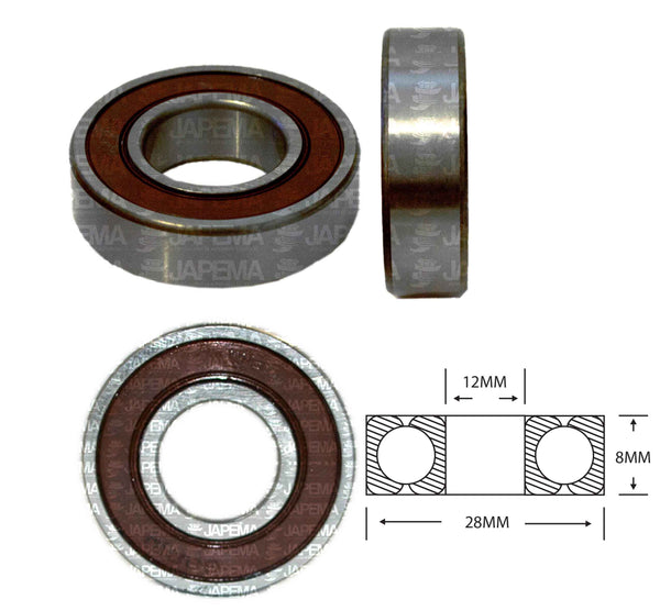 SKU1997 BALERO BOLA D.I. 12MM, D.E. 28MM, H 8MM TAPA S.R.E. LADO DEL COLECTOR Y ARMADURAS MARCA JAPEMA ALTERNADOR BOSCH, ARRANQUE HITACHI