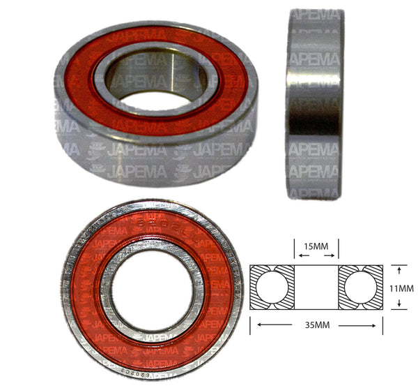 SKU2087 BALERO BOLA D.I. 15MM, D.E. 35MM, H 11MM TAPA D.E. LADO DE LA POLEA Y S.R.E. LADO DEL COLECTOR MARCA JAPEMA ALTERNADOR BOSCH, DELCO, VALEO