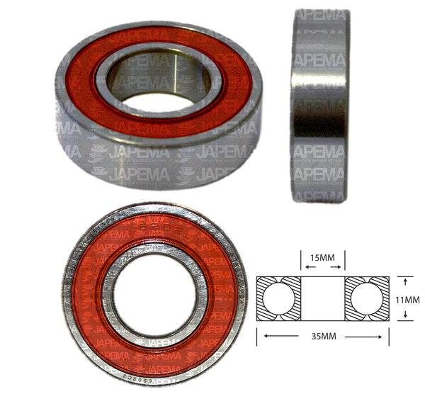 SKU2086 BALERO BOLA D.I. 15MM, D.E. 35MM, H 11MM TAPA D.E. LADO DE LA POLEA Y S.R.E. LADO DEL COLECTOR MARCA JAPEMA ALTERNADOR BOSCH, DELCO, VALEO