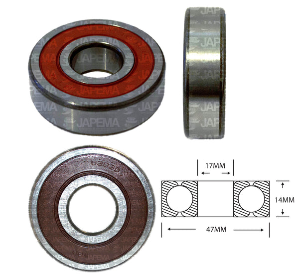 SKU2239 BALERO BOLA D.I. 17MM, D.E. 47MM, H 14MM TAPA D.E. LADO DE LA POLEA MARCA JAPEMA ALTERNADOR BOSCH, DELCO, HITACHI, MITSUBISHI, VALEO