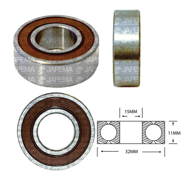SKU2946 BALERO BOLA D.I. 15MM, D.E. 32MM, H 11MM TAPA S.R.E. LADO DEL COLECTOR MARCA JAPEMA ALTERNADOR NIPPONDENSO KUBOTA, JOHN DEERE, KOMATSU