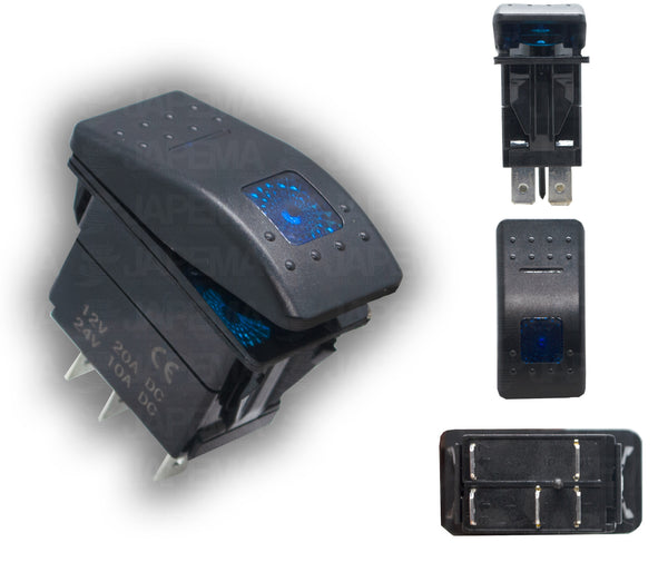 SKU3100 INTERRUPTOR BASCULANTE MOMENTANEO 5 TERMINALES MACHO ILUMINADO COLOR AZUL MARCA JAPEMA