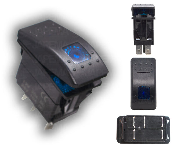 SKU13900 INTERRUPTOR BASCULANTE MOMENTANEO 5 TERMINALES MACHO ILUMINADO COLOR ROJO MARCA JAPEMA