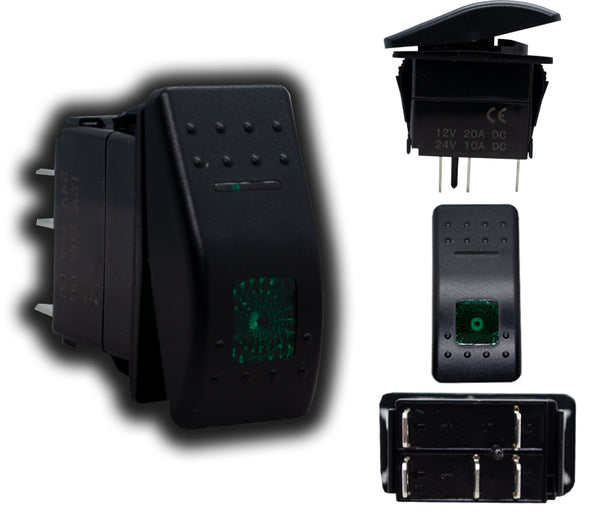 SKU9973 INTERRUPTOR BASCULANTE MOMENTANEO 5 TERMINALES MACHO ILUMINADO COLOR VERDE MARCA JAPEMA