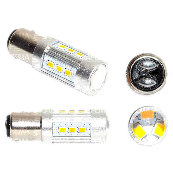 SKU9341 FOCO LED HIGH POWER 1157 AMBAR 12/24V BAY15d PATAS DISPAREJAS MARCA JAPEMA